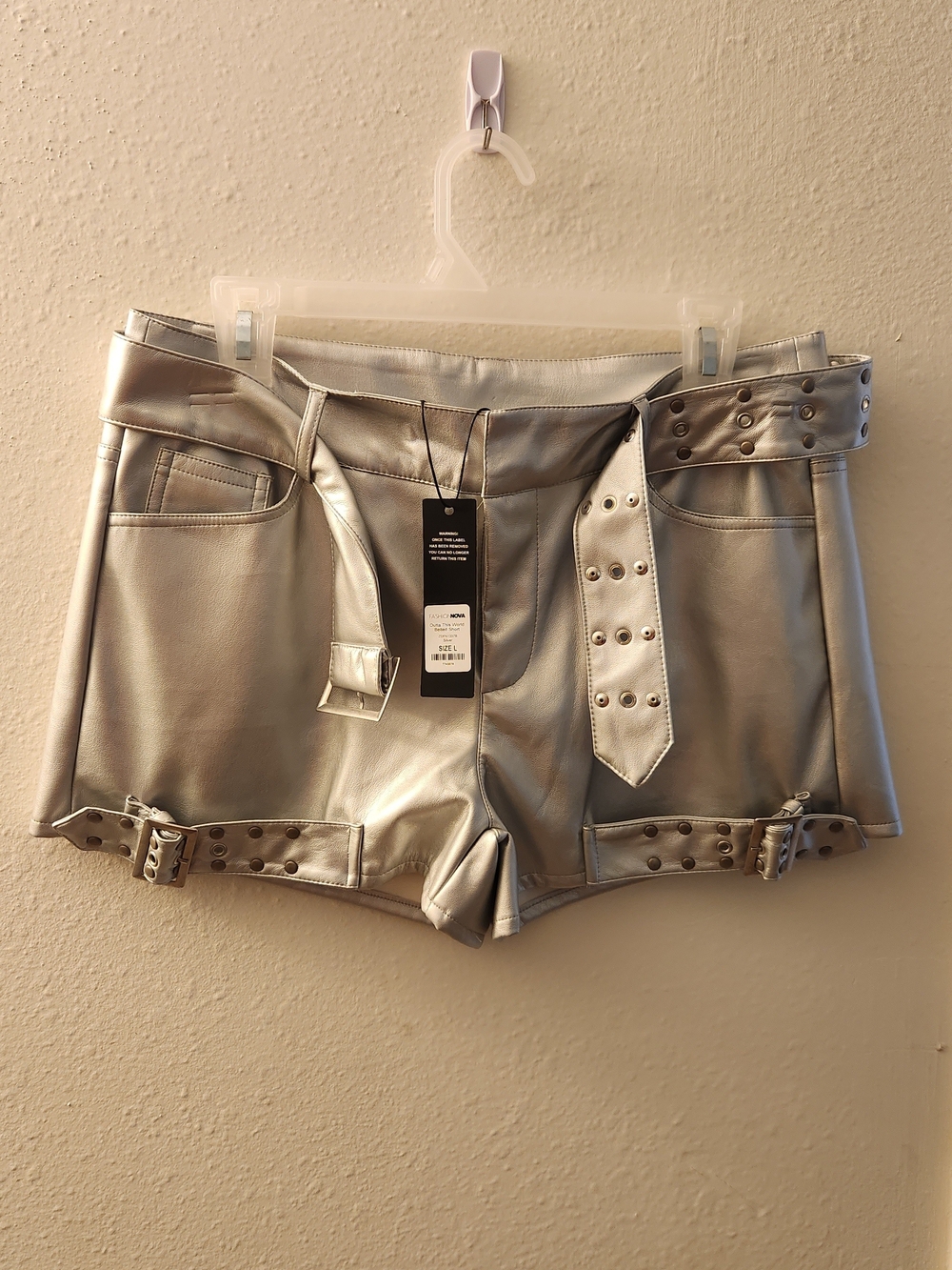 Silver Metallic Women’s Shorts with Decorative Belts